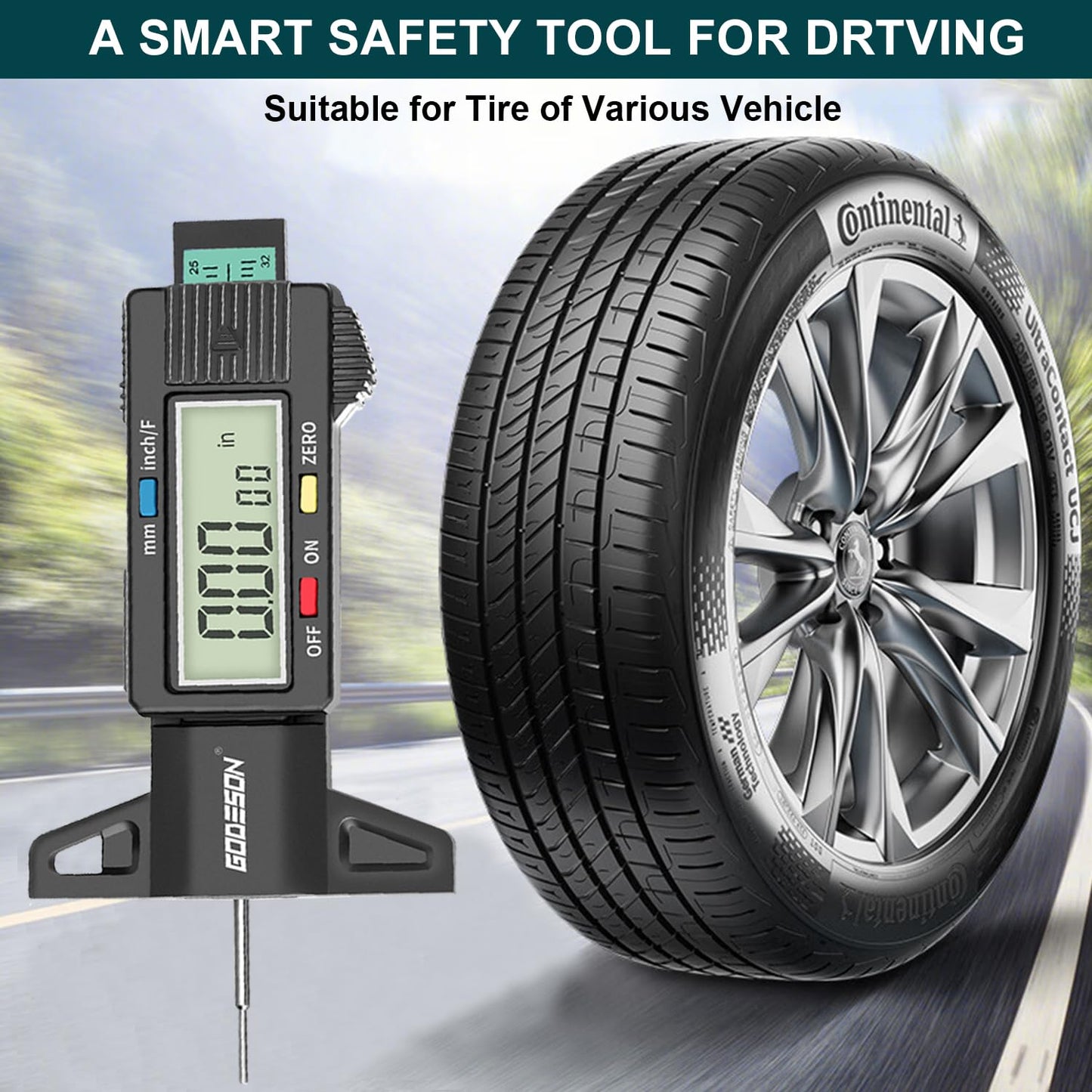 GODESON Tire Tread Depth Gauge, Digital Tire Tread Depth Gauge with 3 Modes-Fractional Inch, Decimal Inch and Millimeter, Tire Depth Gauge for Motorcycles, Cars, SUV, Easy to Read Tread Depth Gauge