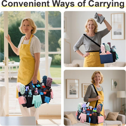 Wearable Large Cleaning Caddy Bag for Housekeeper, Clean Supply Organizer with Adjustable Shoulder, Waist & Handle Straps, Detailing Bag for Kitchen Supplies (Black)