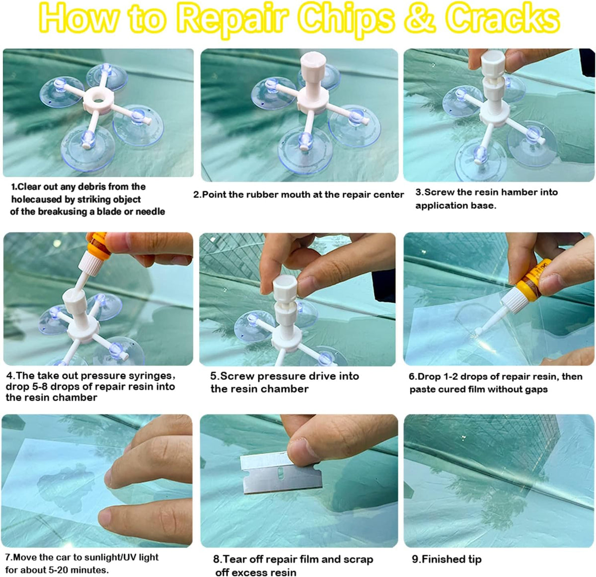 Windshield Repair Kit, 4 Pack Windshield Crack Repair Kit, Upgraded Windshield Chip Repair Kit with Pressure Syringes, Car Window Crack Repair Kit Quick Fix for Bulls-Eye & Star-Shaped Chips, Cracks