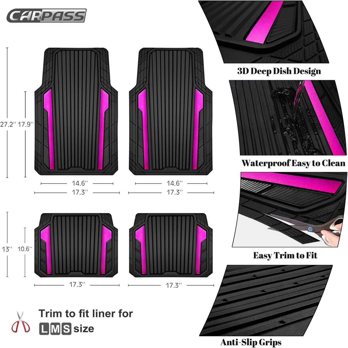 CAR PASS Heavy Duty Rubber Car Mats Metallic, Aluminum Film All Weather Floor Mats Waterproof Universal Trim to Fit Automotive SUV Sedan Van 4 Piece Anodized Deep Dish Two-Tone Sporty Black Red Chrome