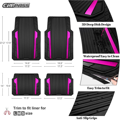 CAR PASS Heavy Duty Rubber Car Mats Metallic, Aluminum Film All Weather Floor Mats Waterproof Universal Trim to Fit Automotive SUV Sedan Van 4 Piece Anodized Deep Dish Two-Tone Sporty Black Red Chrome