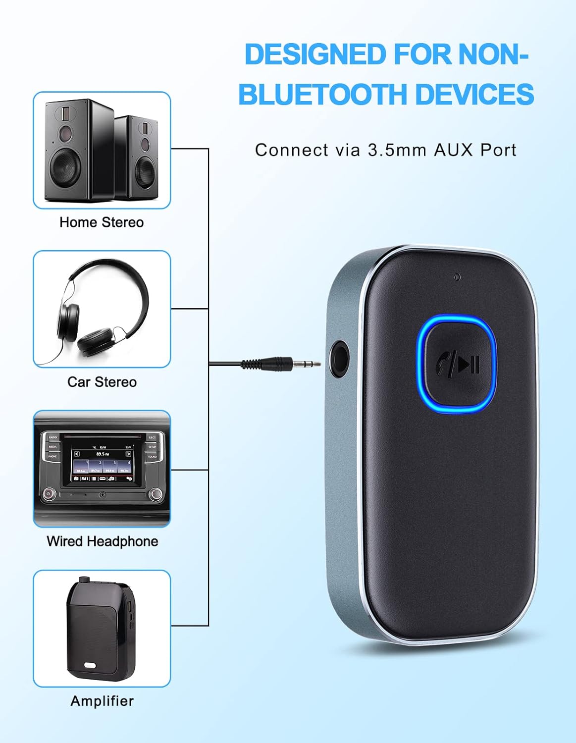 COMSOON Bluetooth AUX Adapter for Car, Noise Reduction Bluetooth Receiver for Music/Hands-Free Calls, Wireless Audio Receiver for Home Stereo/Speaker, 16H Battery Life/Dual Connect (Black+Pink)