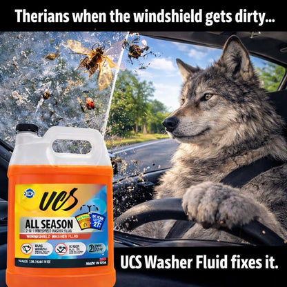 UCS 2-in-1 Windshield Washer Fluid 2-Pack (1 Gallon Each, 256 fl oz Total) – Ready to Use, Streak-Free Formula, All-Weather Cleaning, Removes Bugs, Dirt & Road Grime – Premium Windshield Cleaner