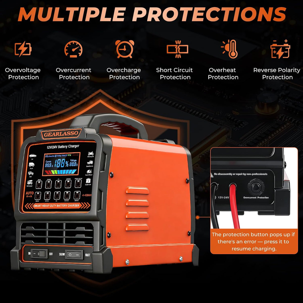 12V 24V Car Battery Charger Heavy Duty, 0-15A Automatic Battery Maintainer with Auto Shutoffs, Repair and Winter Mode, Smart Trickle Charger for Car Truck Motorcycle RV AGM Deep Cycle