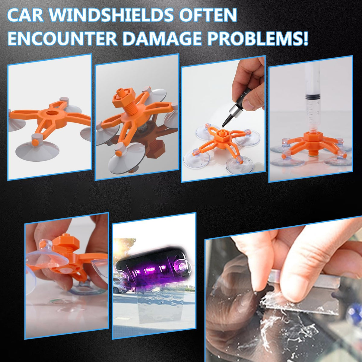 Windshield Repair Kit, 4 Pack Windshield Crack Repair Kit, Upgraded Windshield Chip Repair Kit with Pressure Syringes, Car Window Crack Repair Kit Quick Fix for Bulls-Eye & Star-Shaped Chips, Cracks