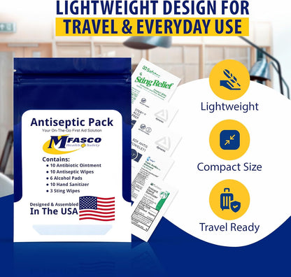 MFASCO - 7 in 1 - Travel Size Medicine Kit - TSA Approved | 28 First Aid Emergency OTC Medicine Packets for Cruise & International Travel | Compact Med Refill for Traveling & Office Assembled in USA