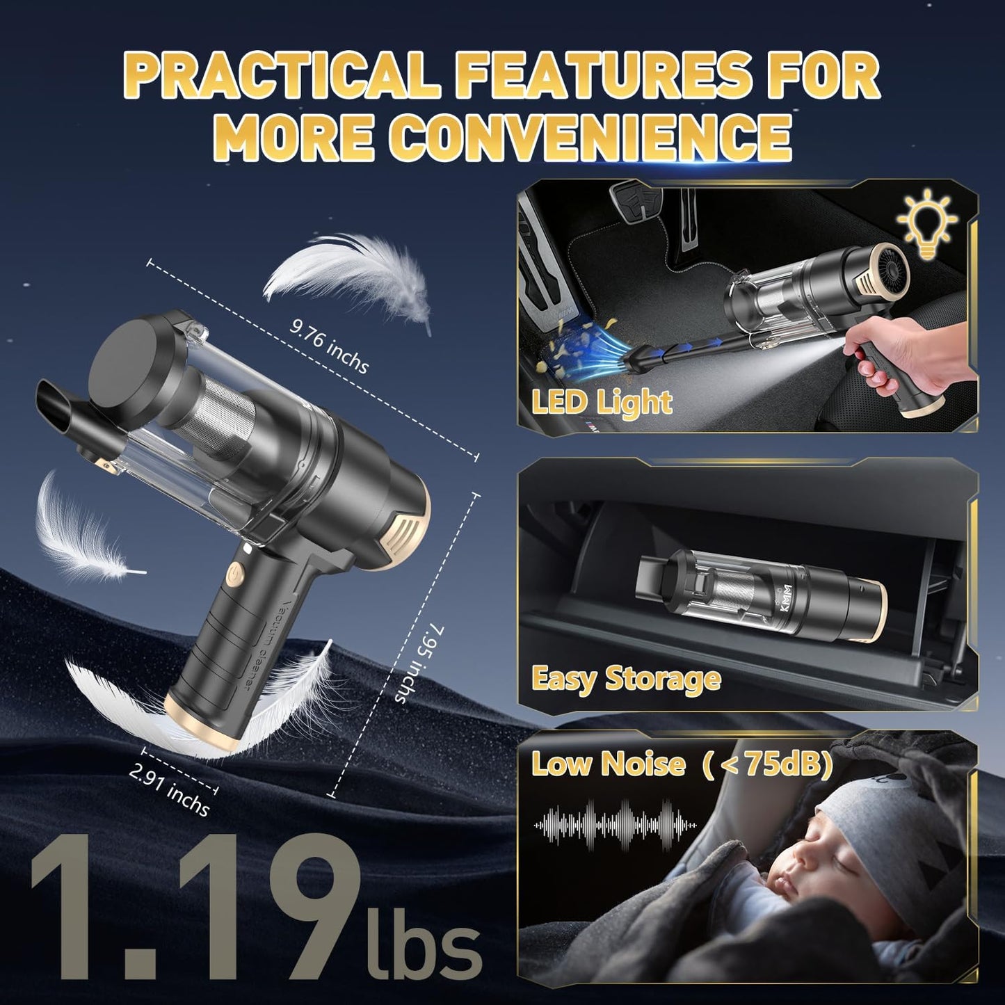 KMM Handheld Car Vacuum Cleaner, 10000PA Vacuum Cleaner & Air Duster, 120W High Power Hand Held Vacuum Cordless, Portable Vacuum Rechargeable with Multi-Nozzles & LED Light for Car, Home, Pet, Office
