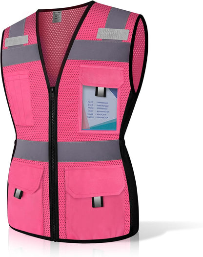 Reflective Vest for Women, Mesh Womens Safety Vest with 11 Pockets and Zipper, Hi Vis Neon Construction Work Vest for Lady Surveyors/Workers, Snugly-Fitted, ANSI Compliant (U-Yellow, S)