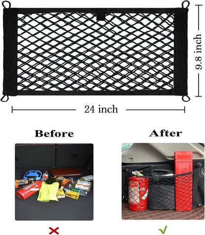 2 Pack Small Cargo Net Pocket Storage Mesh Net Elastic Automotive Cargo Nets Storage Pouch for Car Trunk Net, RV, Boat Storage Mesh Pocket Net with 8 Mounting Screws and Hooks (18 x 9.8 Inches)