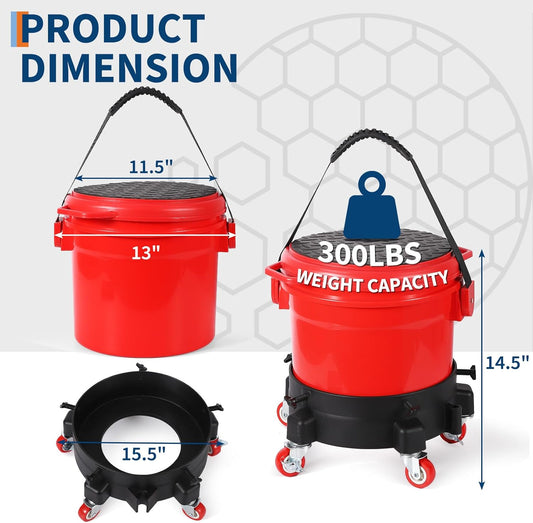5 Gallon Car Wash Bucket Kit, 300LB Capacity Washing System with 5-Wheel Rolling Dolly, 15.5L Bucket, Grit Trap & Lid, Mobile Detailing Station for Car Wash (Red/Black)