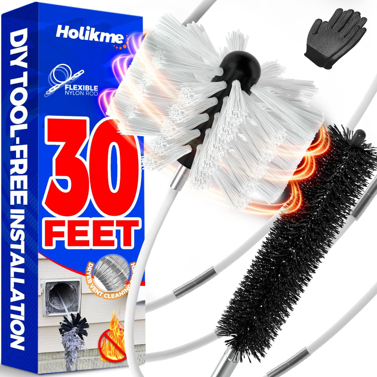 Holikme 30 Feet Dryer Vent Cleaner Kit, Flexible Lint Brush with Drill Attachment, Fireplace Chimney Brushes Extends Up to 30 Feet for Easy Cleaning, Use with or Without a Power Drill
