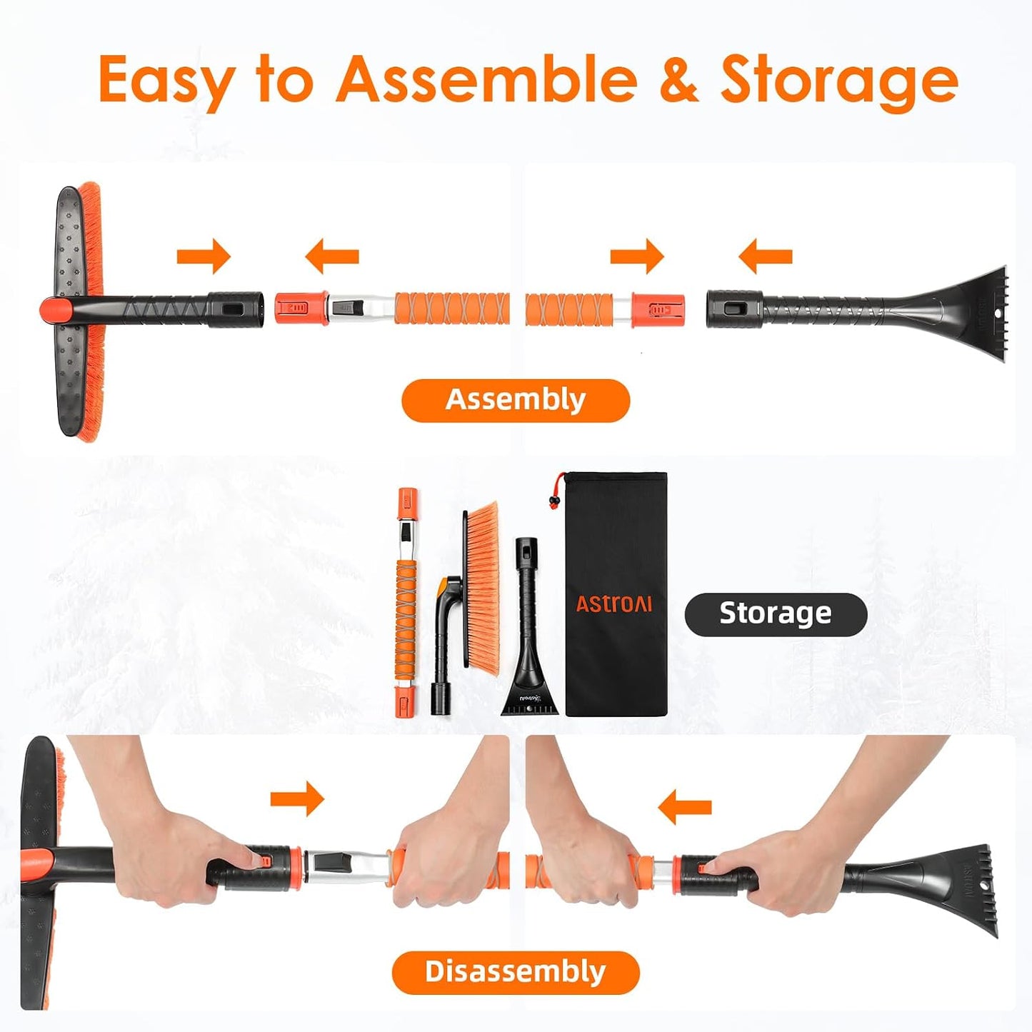 AstroAI 47.2" Ice Scrapers for Car Windshield and Extendable Snow Brush with Foam Grip and 360° Pivoting Brush Head for Auto Car Truck and SUV(Orange)