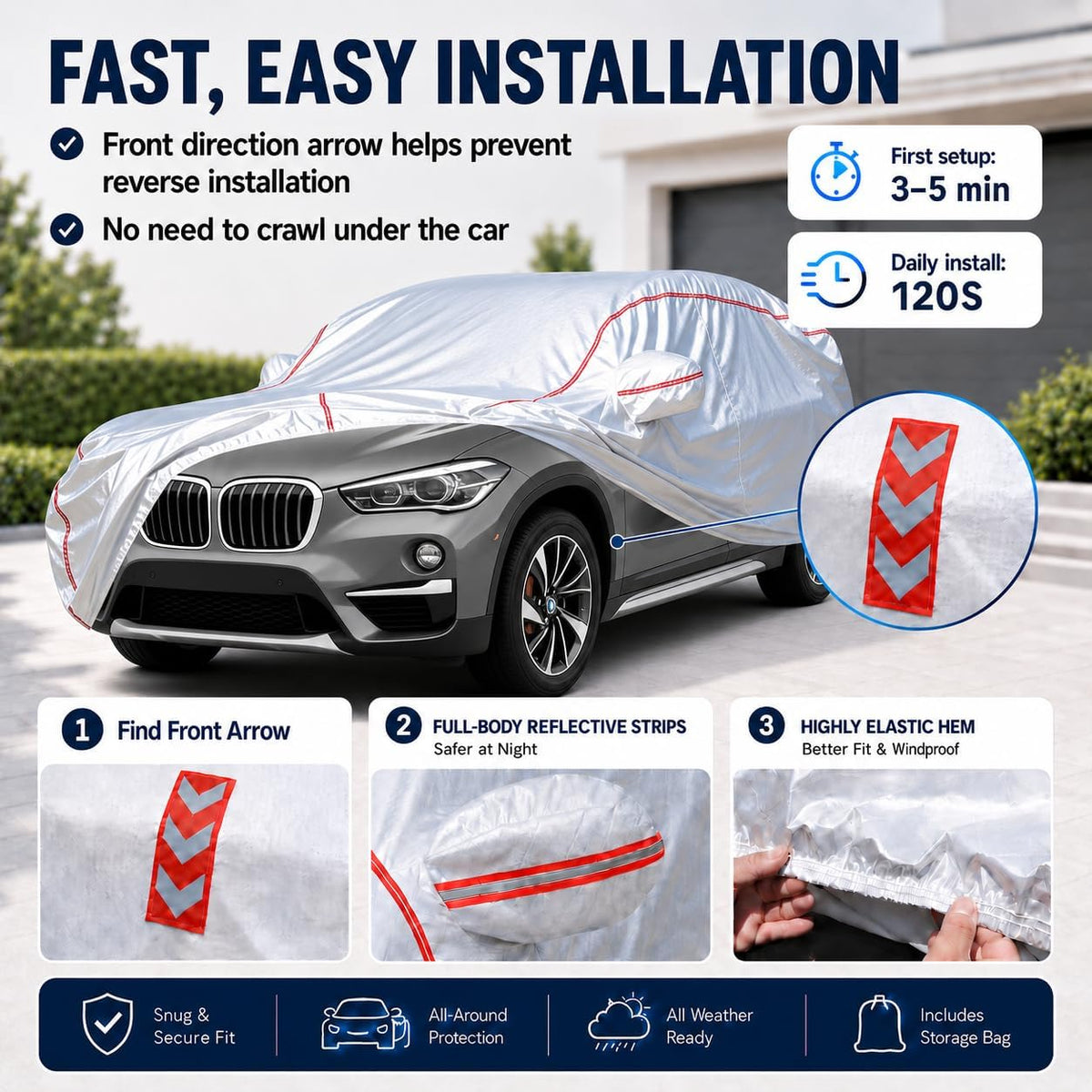 Car Cover for Sedan, Waterproof All Weather Heavy Duty, 360° Underbody Wrap Windproof Design, Quick Install Outdoor Vehicle Cover, Fits 186-193 in