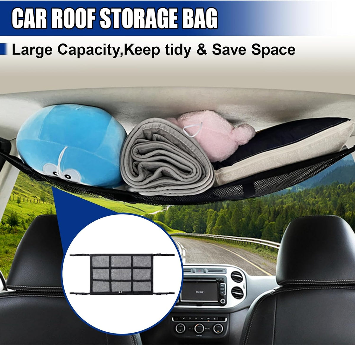 Car Ceiling Cargo Net Pocket, 35.43"×25.59" Double-Layer Roof Storage Net with Adjustable Buckles, Car Camping Essentials Mesh Organizer, Universal Long Road Trip Auto Accessories
