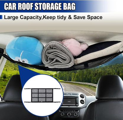Car Ceiling Cargo Net Pocket, 35.43"×25.59" Double-Layer Roof Storage Net with Adjustable Buckles, Car Camping Essentials Mesh Organizer, Universal Long Road Trip Auto Accessories