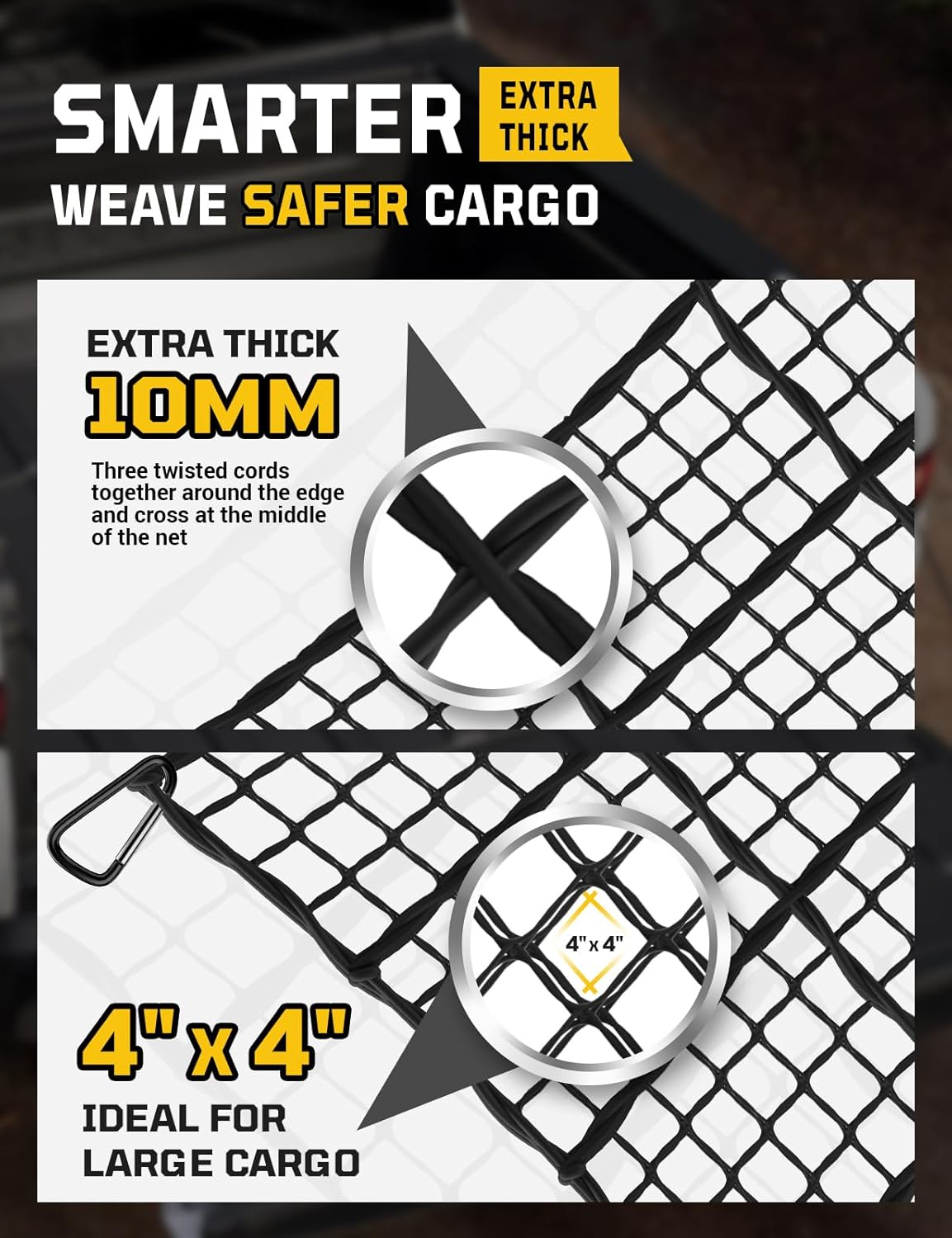 AUTOWN Cargo Net for Pickup Truck Bed - Stretchable 4' x 6' to 8' x 12' with 4" x 4" Mesh, Heavy Duty 10mm Cord Bungee Bed Netting with 12 Metal Carabiners - Ideal for ATV, SUV, UTV and Truck