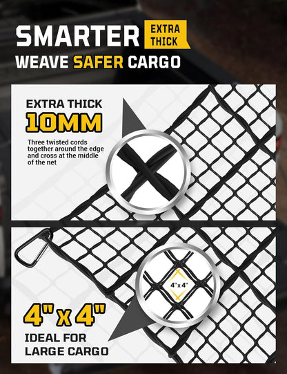 AUTOWN Cargo Net for Pickup Truck Bed - Stretchable 4' x 6' to 8' x 12' with 4" x 4" Mesh, Heavy Duty 10mm Cord Bungee Bed Netting with 12 Metal Carabiners - Ideal for ATV, SUV, UTV and Truck