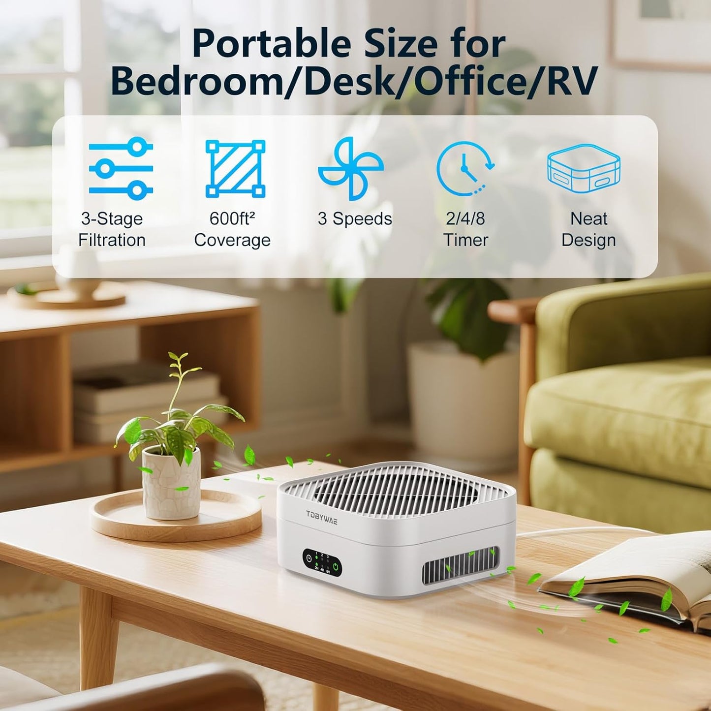 Air Purifiers for Home 600 Sq.Ft, TDBYWAE H13 True HEPA Air Purifier with USB Cable for Pets Dust Dander Pollen Odor Smoke, Small Portable Air Purifier for Bedroom Office Desktop Car RV