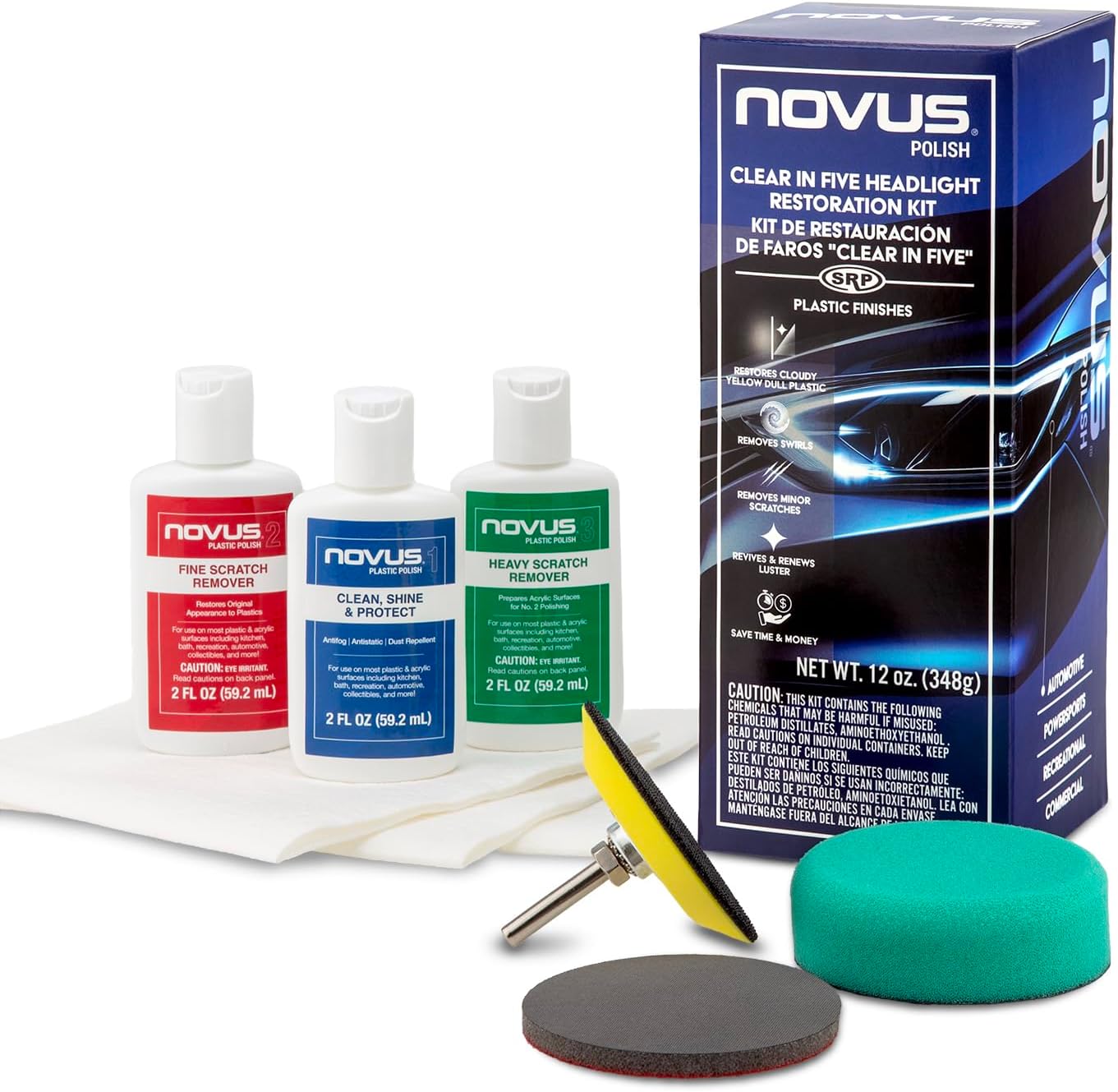 NOVUS Clear in Five Headlight Restoration Kit | 2 Ounce #1, 2, & 3 Bottles, Buffing Pad, Backing Pad Drill Attachment, 1,000 Grit Sanding Disk, 3 Polish Mates