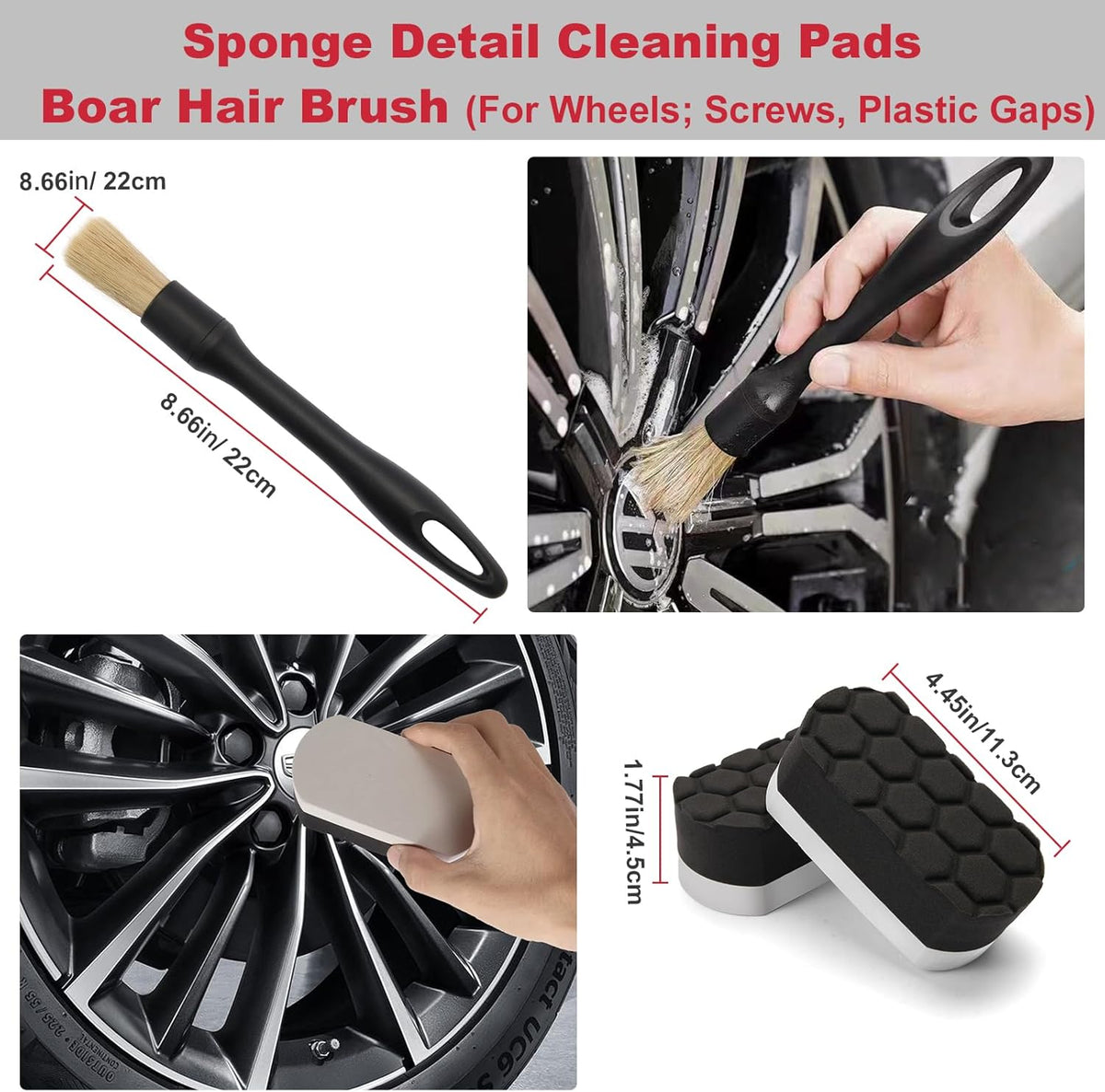 8PCS All-in-One Wheel & Tire Cleaning Kit - 360° Flexible Synthetic Wool Rim Brush, 2 Dual-Hardness Brushes, Dressing Pads & Storage Bag | Scratch-Free for All Vehicles
