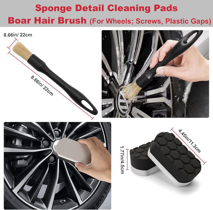 8PCS All-in-One Wheel & Tire Cleaning Kit - 360° Flexible Synthetic Wool Rim Brush, 2 Dual-Hardness Brushes, Dressing Pads & Storage Bag | Scratch-Free for All Vehicles