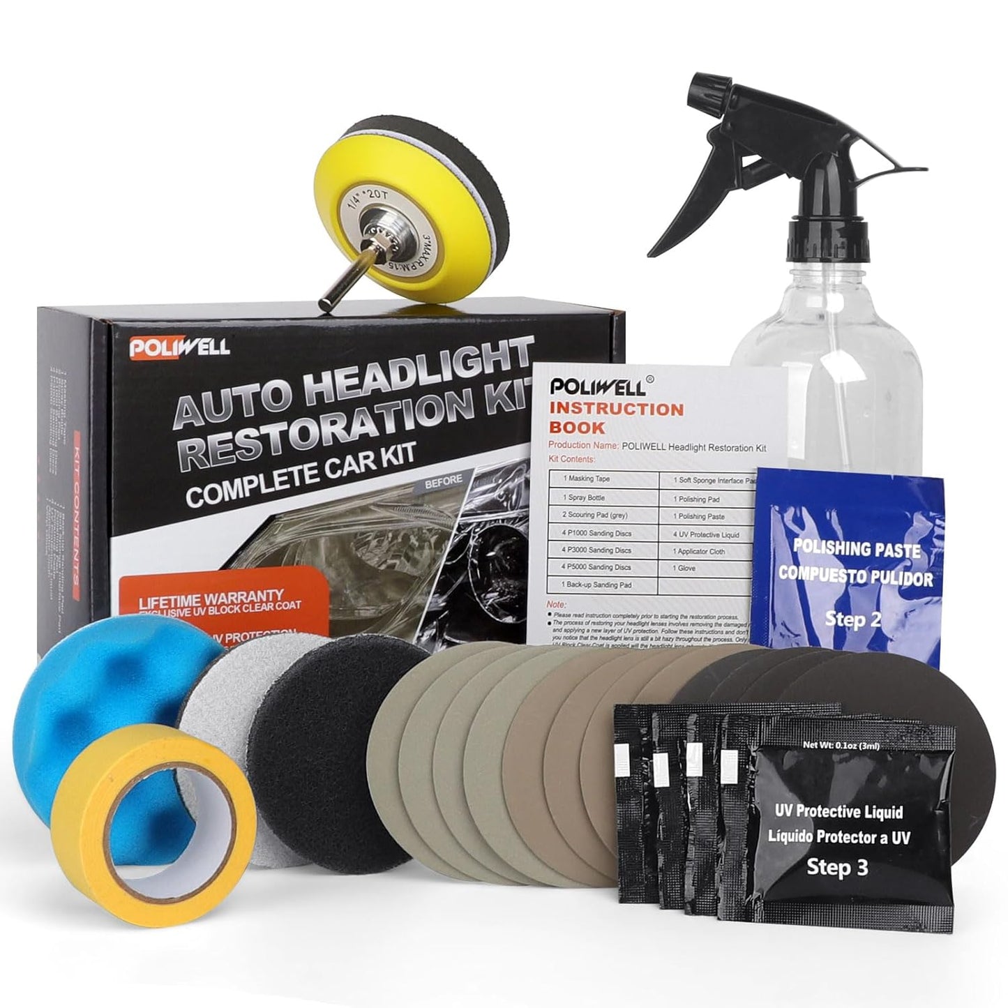POLIWELL Headlight Restoration Kit 3 Easy Steps to Restore Sun Damaged Headlights Polish Headlights Lens Restore Cleaner DIY Polishing, Sanding Discs, Scouring Pads for Electric Drill, Total 24Pack