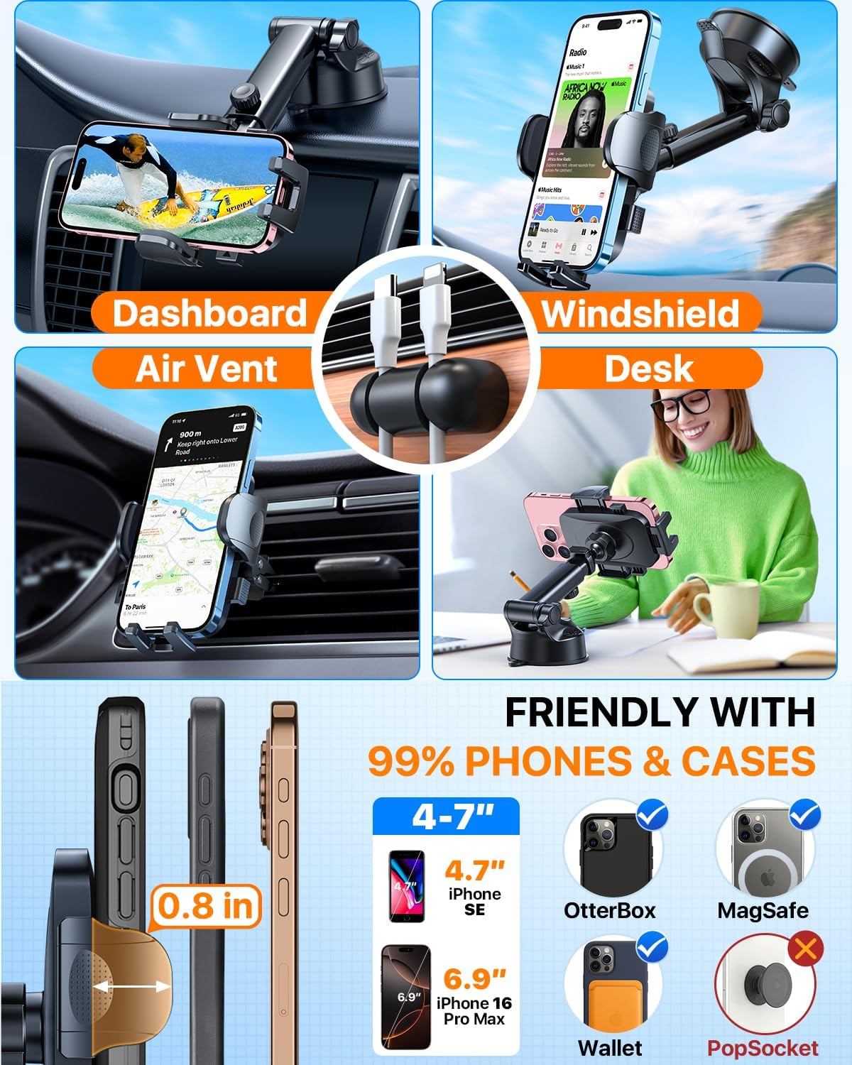 2026 Ultimate Best【True Military-Grade & Safety Cert】Car Phone Holder HTU【Upgraded 360 Rotation & 100+LBS Strongest Suction】5-in-1 Truck Windshield Dashboard Vent Mount Stand for iPhone Android, Black