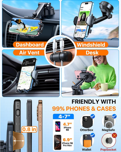 2026 Ultimate Best【True Military-Grade & Safety Cert】Car Phone Holder HTU【Upgraded 360 Rotation & 100+LBS Strongest Suction】5-in-1 Truck Windshield Dashboard Vent Mount Stand for iPhone Android, Black