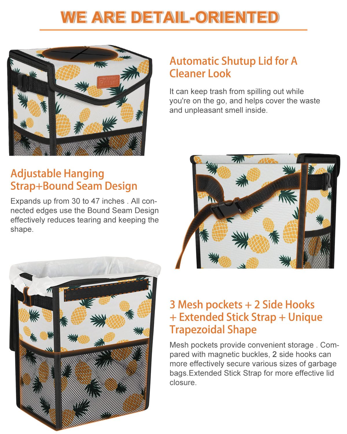 Pritent Car Trash Can with Lid, Cute Leakproof Car Trash Garbage Bag Hanging Vehicle Trash Bin Small Portable Automotive Garbage Cans Organizer for Back/Front Seat/Console(Trapezoid,Black)