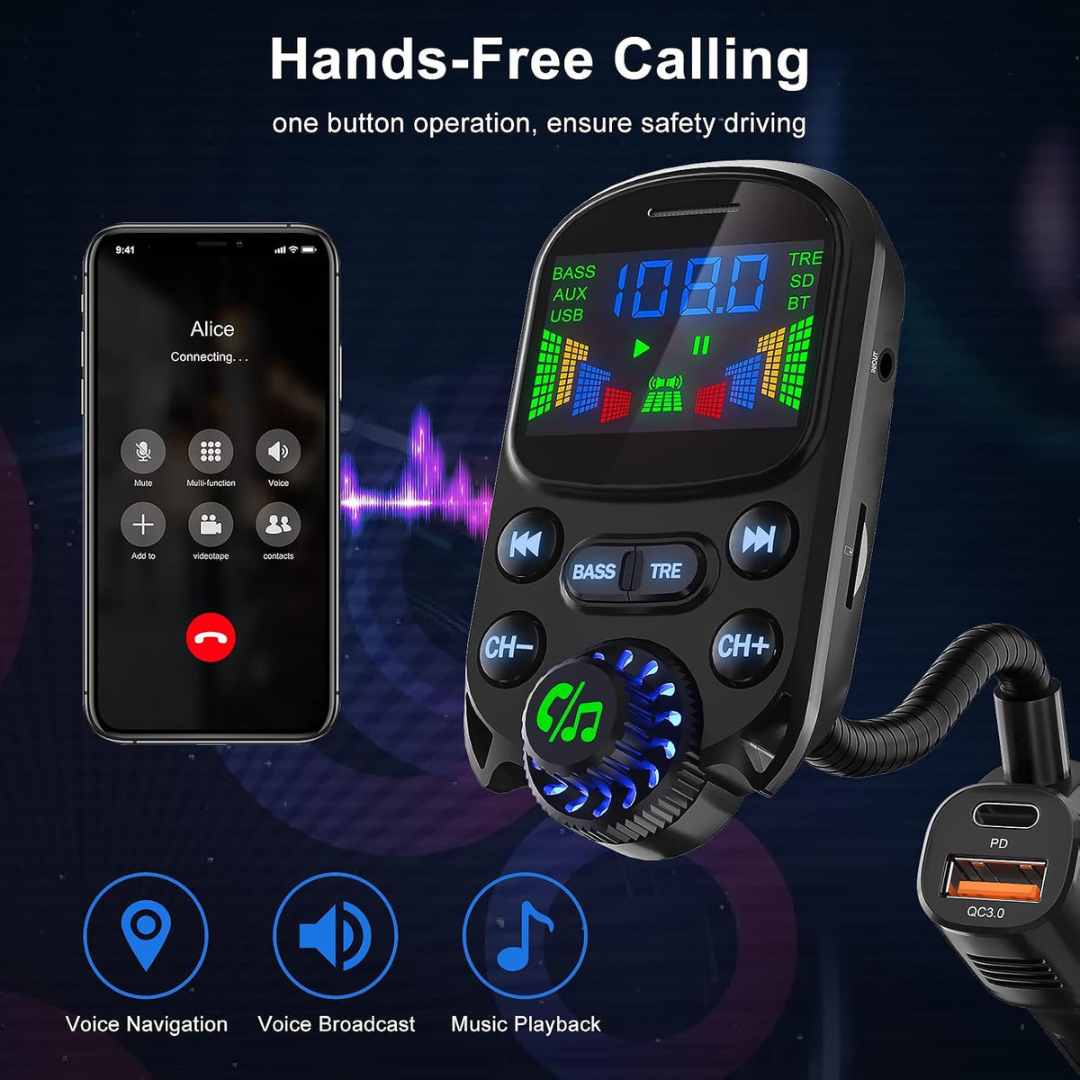 Bluetooth 5.3 FM Transmitter for Car SOARUN Bluetooth Car Adapter PD30W & USB Port Fast Charge, HiFi Treble & Bass Player, 1.6" Display Hands-Free Calling Truck Radio with AUX Input/Output, TF Card