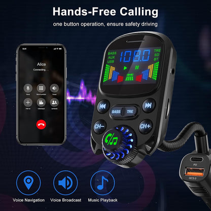 Bluetooth 5.3 FM Transmitter for Car SOARUN Bluetooth Car Adapter PD30W & USB Port Fast Charge, HiFi Treble & Bass Player, 1.6" Display Hands-Free Calling Truck Radio with AUX Input/Output, TF Card
