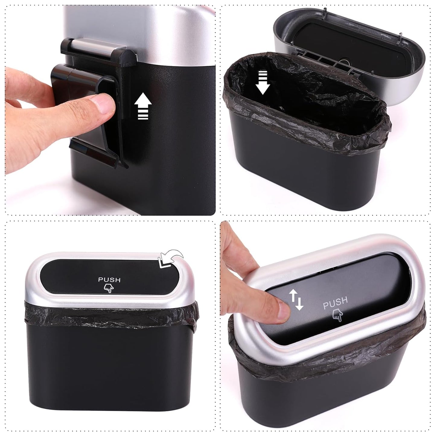 Ginsco 2 Pack Mini Car Trash Can with Lid, Small Car Garbage Can, Cute Leakproof ABS Trash Bin, Cars Accessories for Interior, Garbage Bin for Car, Home, Office with 120pcs Trash Bags Black