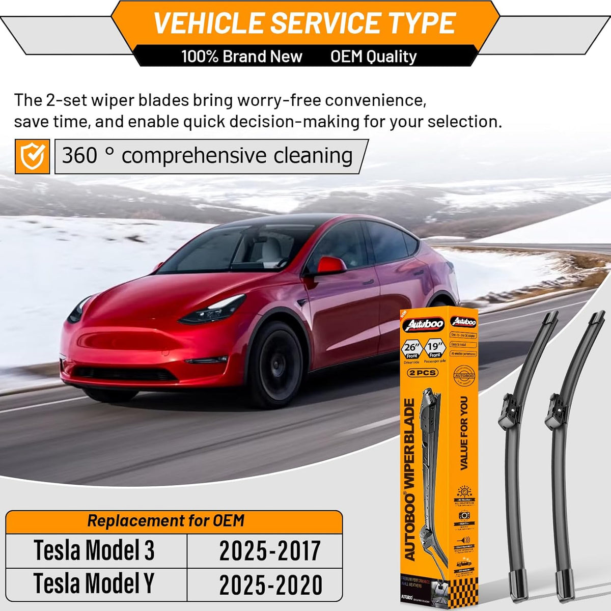 AUTOBOO 26"+19" Windshield Wipers Replacement for Tesla Model 3 2017 2018 2019 2020 2021 2022 2023 2024 2025 Model Y 2020 2021 2022 2023-2025 -Original Factory Quality (Pack of 2) - Colors A