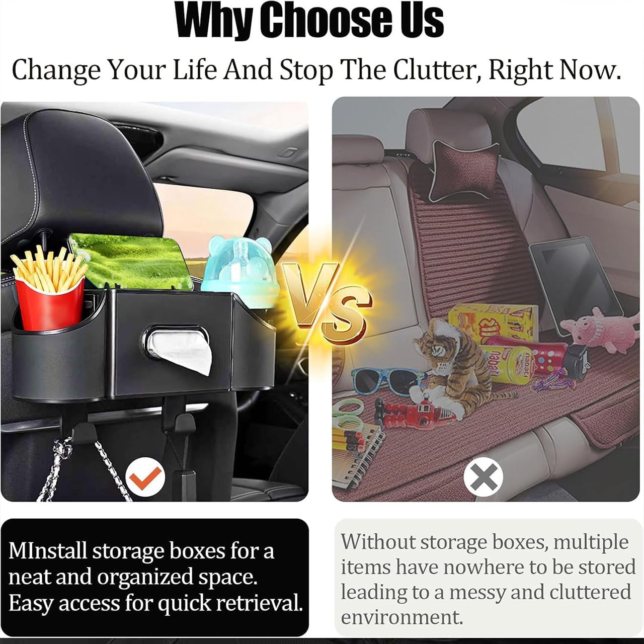 Back Seat Car Organizer,4 in 1 Multifunctional Car Back Seat Storage Box with Drink Cup Holder Tissue Box, for Hold Phone,Snacks, Drinks, Handbag-Black