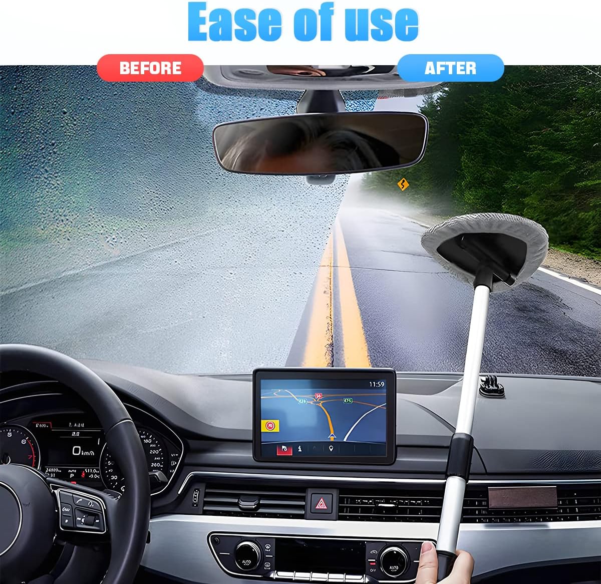 Windshield Cleaning Tool, Car Window Cleaner with Extendable Long Handle and 4 Washable Reusable Microfiber Pads, Auto Interior Exterior Glass Wiper Cleaning Kit Universal for Office and Home (Blue)