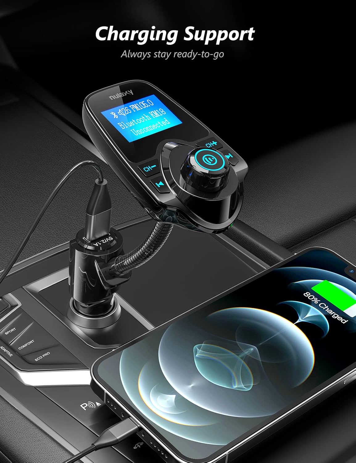 Nulaxy KM18 Bluetooth 5.4 Car Adapter with 1.44" Clear Display & Flexible Gooseneck - FM Radio Transmitter & Bluetooth Receiver for Hands-Free Calls, Wireless Music via BT/FM/AUX/TF, USB Car Charger