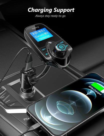 Nulaxy KM18 Bluetooth 5.4 Car Adapter with 1.44" Clear Display & Flexible Gooseneck - FM Radio Transmitter & Bluetooth Receiver for Hands-Free Calls, Wireless Music via BT/FM/AUX/TF, USB Car Charger