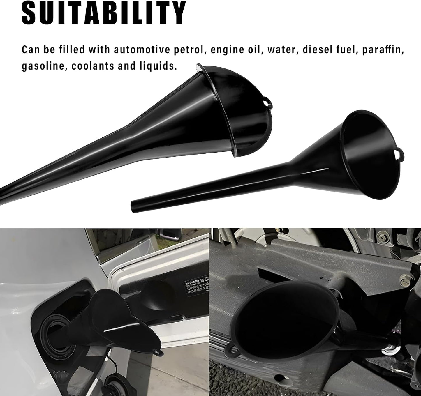 DXNQ Oil Funnel, Automotive Multi-Function Plastic Fuel Funnel with Long Neck, Universal Engine Oil Funnel for Filling Oils Gas Lubricants and Fluids, Car Accessories (Black)
