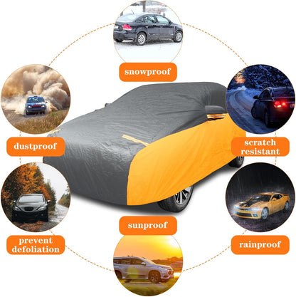 Riakrum Full Car Cover Waterproof All Weather for Automobiles Windproof Cover Rain UV Protection Sun Scratch Resistant Outdoor Universal(Fit Sedan Length (185-193'') 70'' H,Black, Orange)