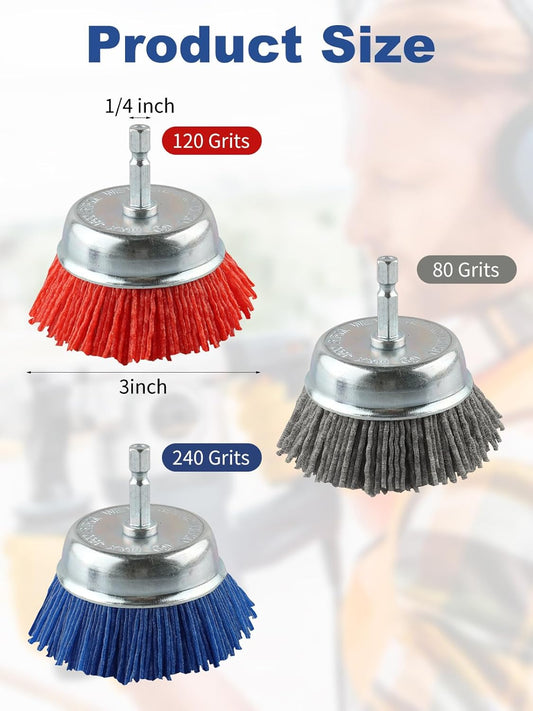 Rocaris 9 Pack Nylon Filament Abrasive Wire Brush Wheel & Cup Brush Set with 1/4 Inch Hex Shank, for Removal of Rust/Corrosion/Paint - 80 Grit, 120 Grit, 240 Grit