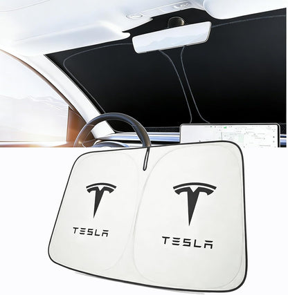 Windshield Sunshade for Tesla Model 3 & Model Y, Digital Printed Double-Sided Fabric Sun Visor, Silver Outside Black Inside UV Block Sunshade Compatible with 2017-2026 Model 3 2021-2026 Model Y