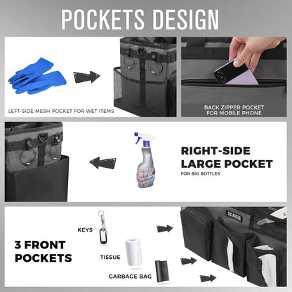 SCAVATA Wearable Cleaning Caddy Bag, Supplies Organizer with Handle & Shoulder Straps for Housekeepers, Under Sink & Car Cleaning Tool Organizer with 4 Foldable Dividers (Black)