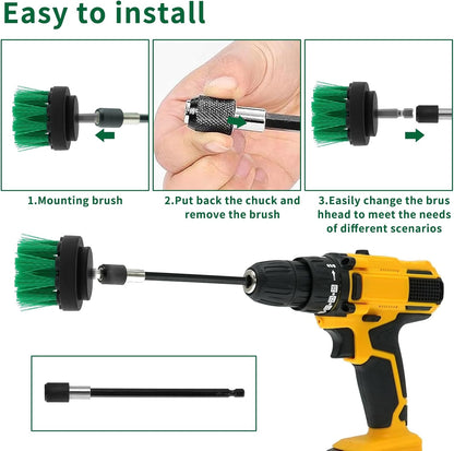 8 Pcs Drill Brush Attachment Set, Power Cleaning Scrub Brush Kit with Extend Long Attachment, All Purpose Drill Scrub Brushes for Car, Grout, Floor, Tub, Bathroom and Kitchen (Yellow)