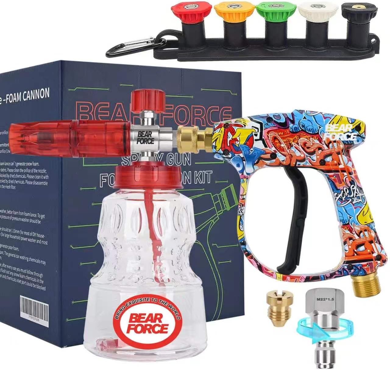 BEAR FORCE Pressure Washer Spray Gun Power Washer Short Gun with M22-ID14mm & Foam Cannon Foam Gun with 5 Nozzles Tips #035 & 3/8'' Quick Connector Swivel, Additional Orifice Nozzle 1.10mm Car Washing