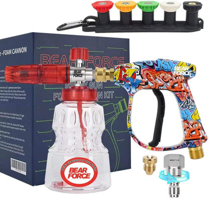BEAR FORCE Pressure Washer Spray Gun Power Washer Short Gun with M22-ID14mm & Foam Cannon Foam Gun with 5 Nozzles Tips #035 & 3/8'' Quick Connector Swivel, Additional Orifice Nozzle 1.10mm Car Washing