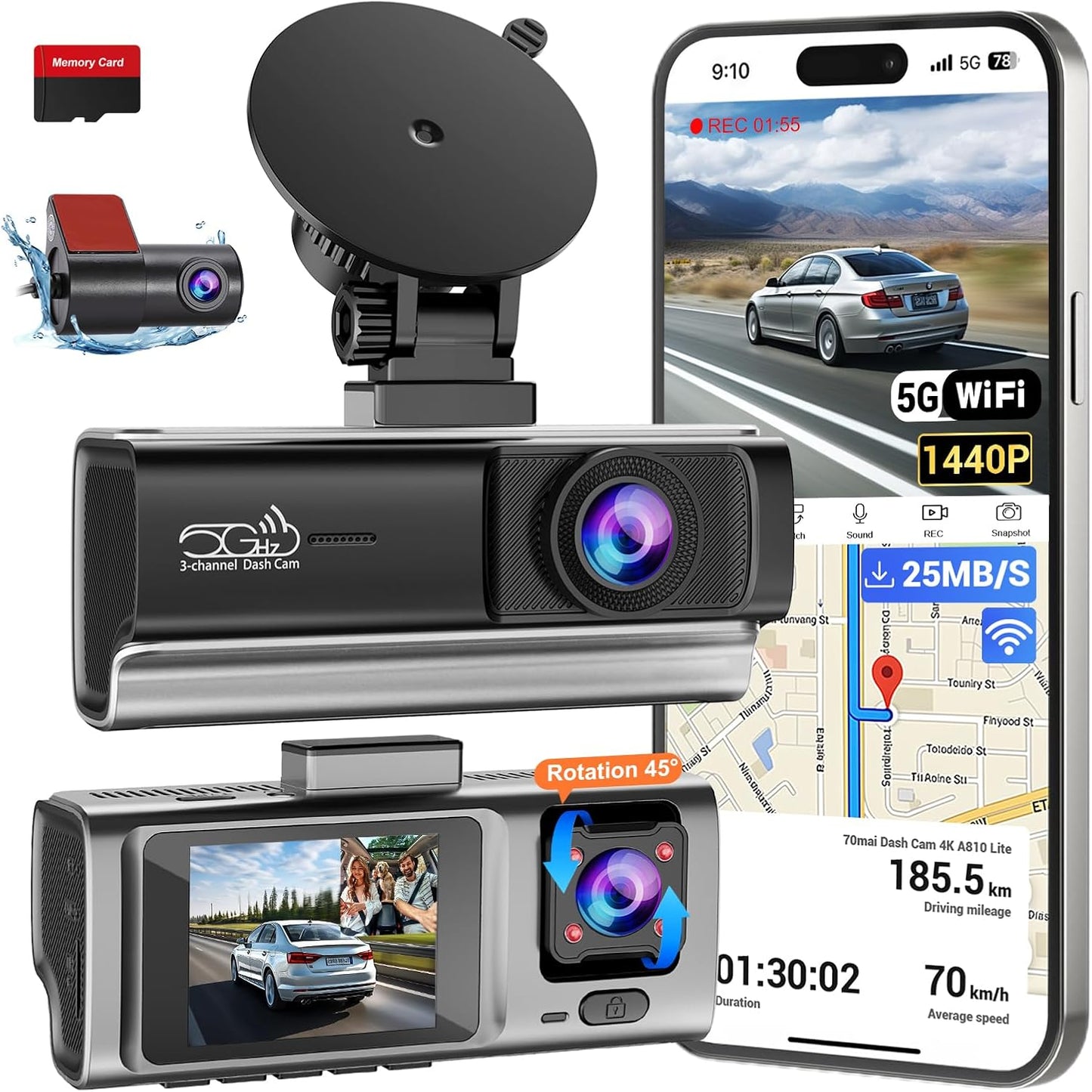 3 Channel 2.5K Dash Cam with 5GHz WiFi & APP Control, 2.5K+1080P+1080P Front Inside and Rear, Triple Dash Camera with SD Card, 24 Hours Parking Mode, Loop Recording, Night Vision