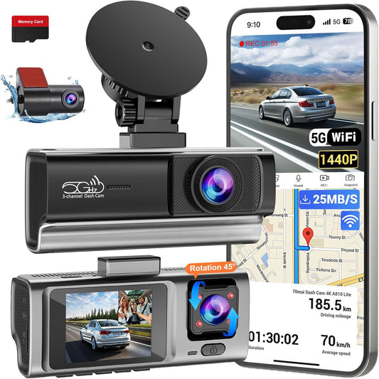 3 Channel 2.5K Dash Cam with 5GHz WiFi & APP Control, 2.5K+1080P+1080P Front Inside and Rear, Triple Dash Camera with SD Card, 24 Hours Parking Mode, Loop Recording, Night Vision