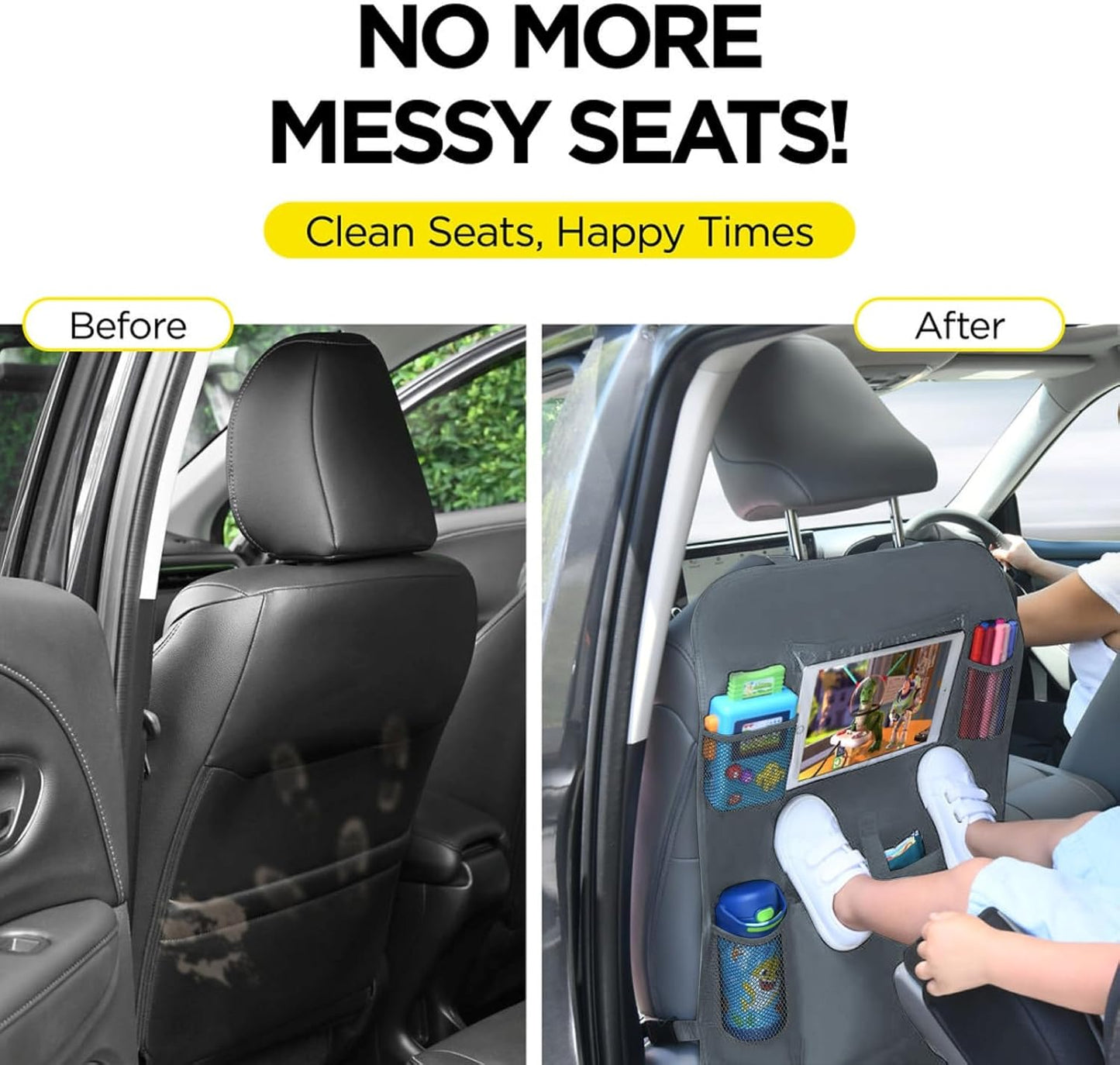 lebogner Back Seat Cover For Kids + 3 Pocket Storage Organizer, 2 Pack X-Large Waterproof Kick Mats Backseat Protector, Car Seat Back Protectors For Vehicles To Protect From Dirt, Mud & Scratches