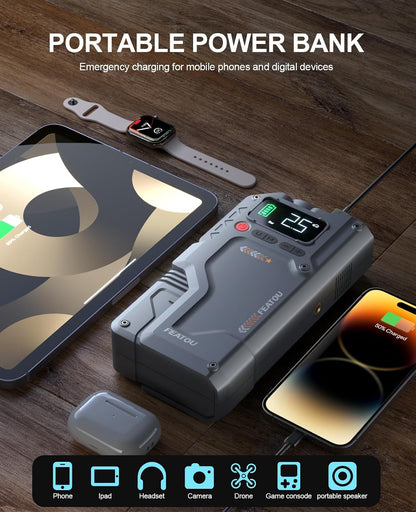 Featou Jump Starter with Air Compressor, 5 in 1 Functional Jump Box 5500A Peak Power Pack with 150PSI Digital Tire Inflator, Portable Car Charger Jumper for 9.0L Gas or 7.5L Diesel