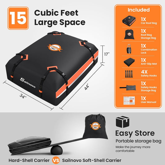Sailnovo Car Rooftop Cargo Carrier 21 Cubic Feet, Waterproof 1000D PVC Car Roof Bag with Anti-Slip Mat, Combination Lock, Storage Bag, Door Hooks & Tie-Down Strap fit Vehicle with/Without Luggage Rack